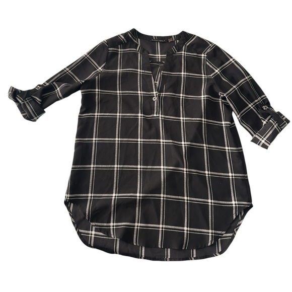Black Tape size S black windopane print blouse w/roll-tab 3/4 length sleeves - Picture 1 of 11